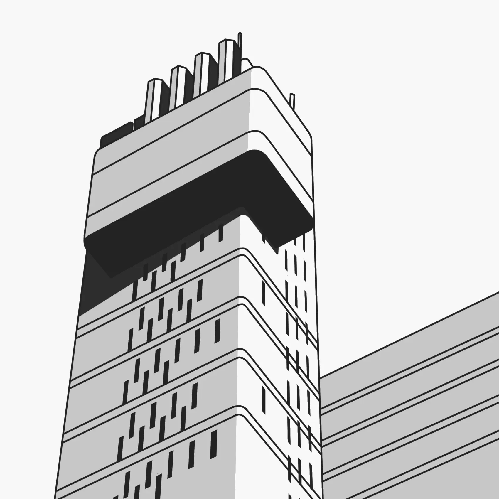 Minimalist drawing of a brutalist building in black and white